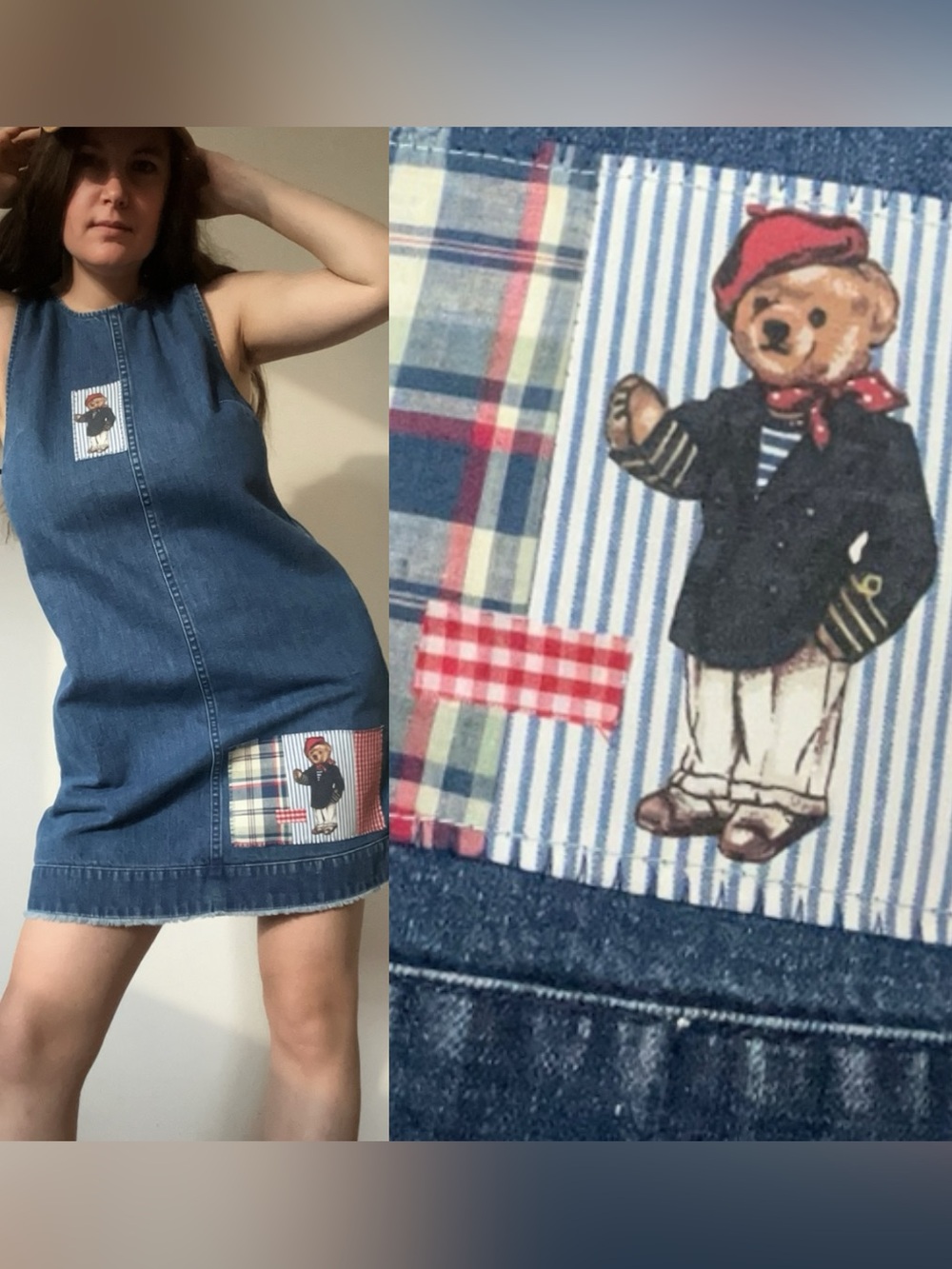Sleeveless Denim custom upcycled Polo Bear Ralph Lauren Patchwork Dress J. Crew